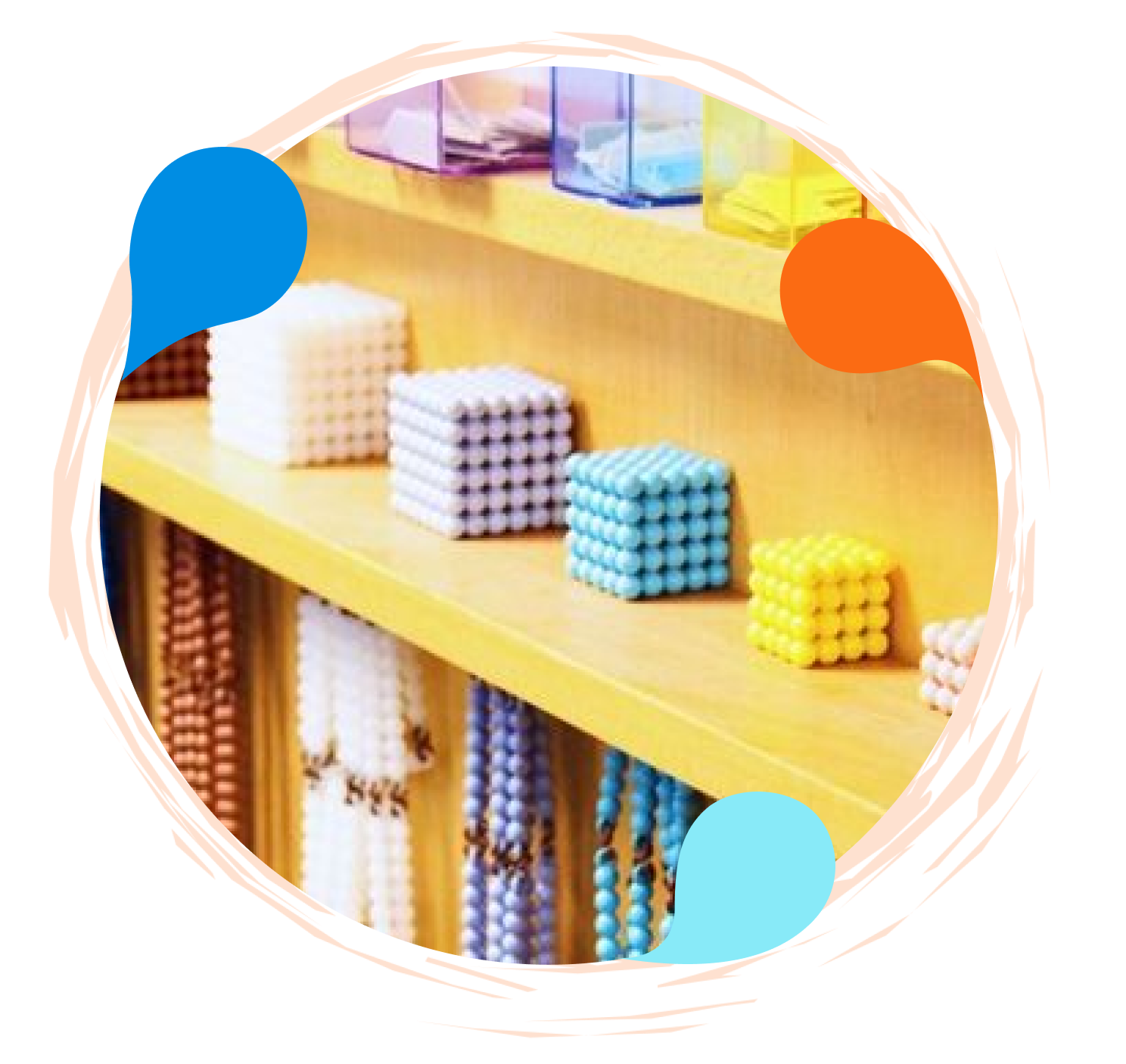 A shelf with many different colored cubes on it