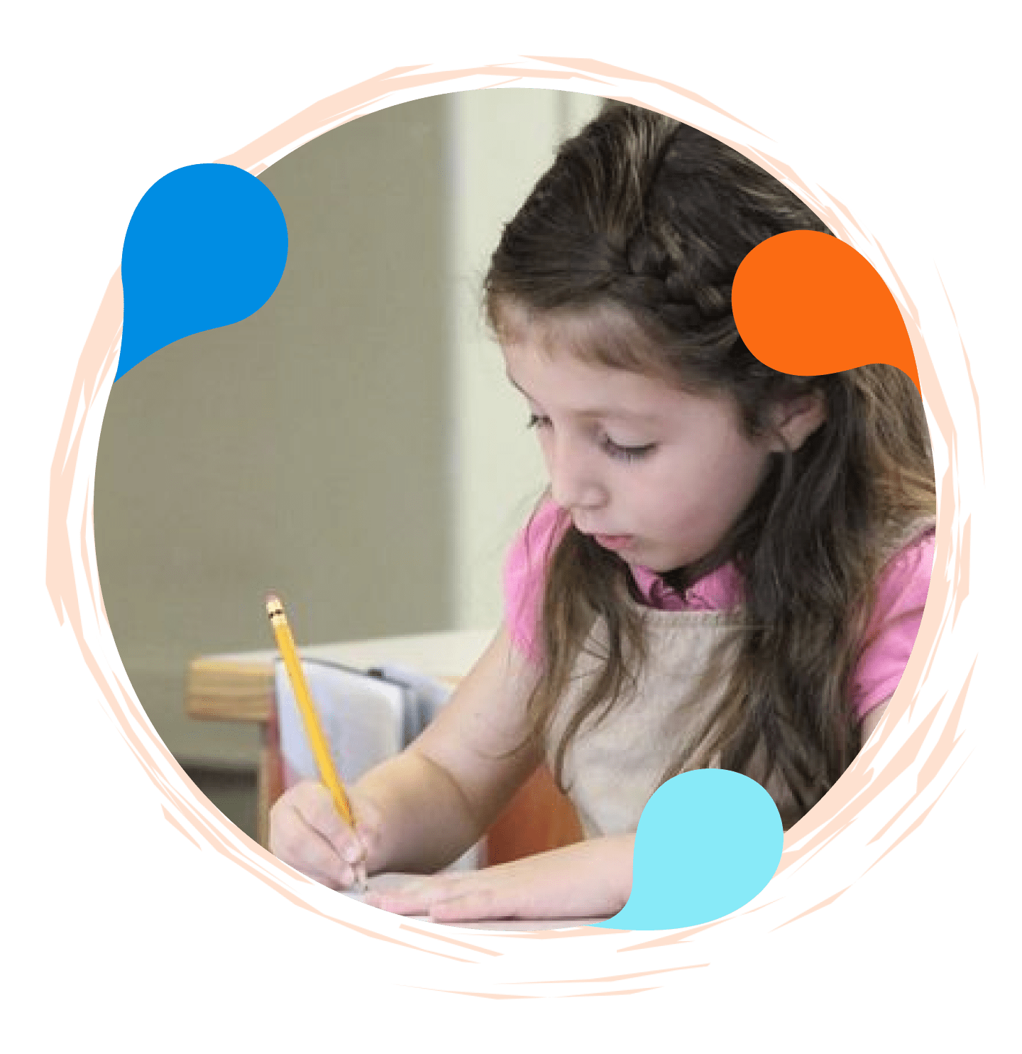 A girl is writing with a pencil in an orange circle.