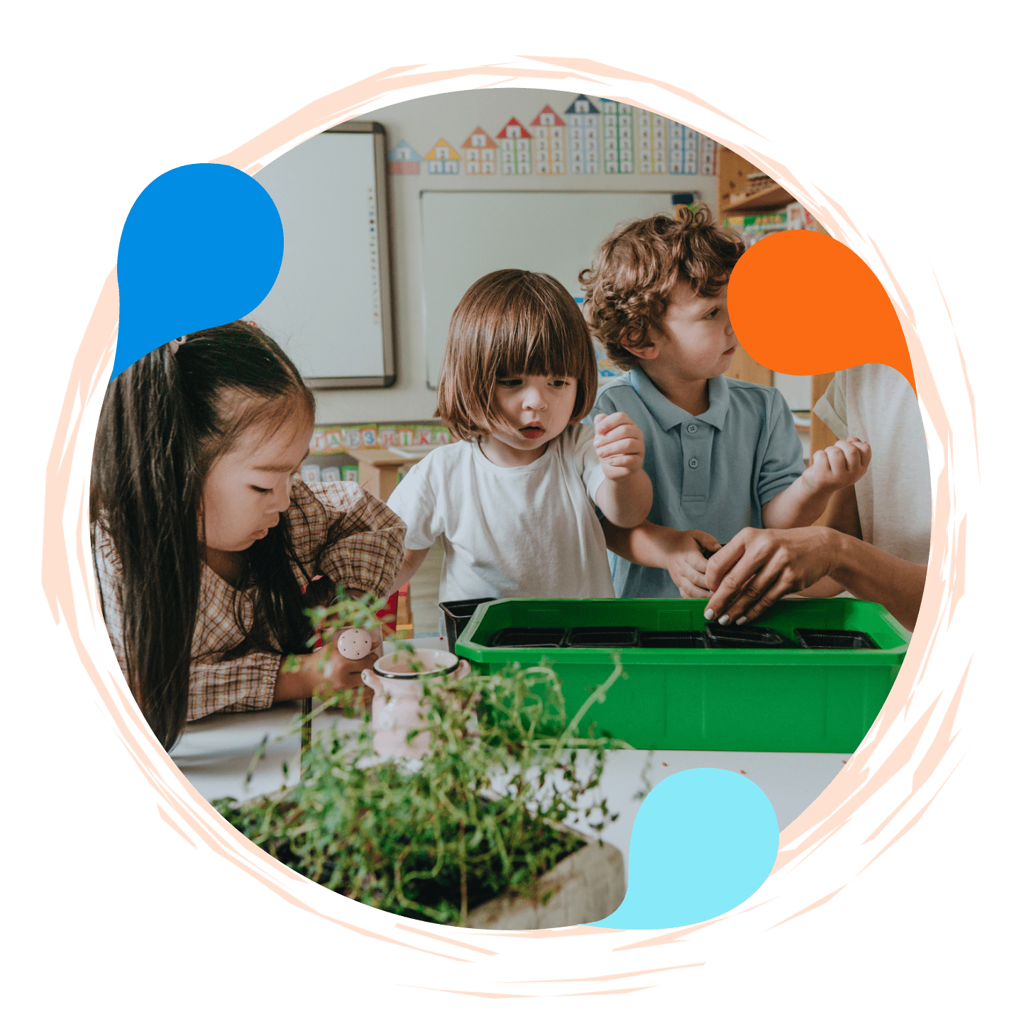 A group of children playing with plants in a green room.