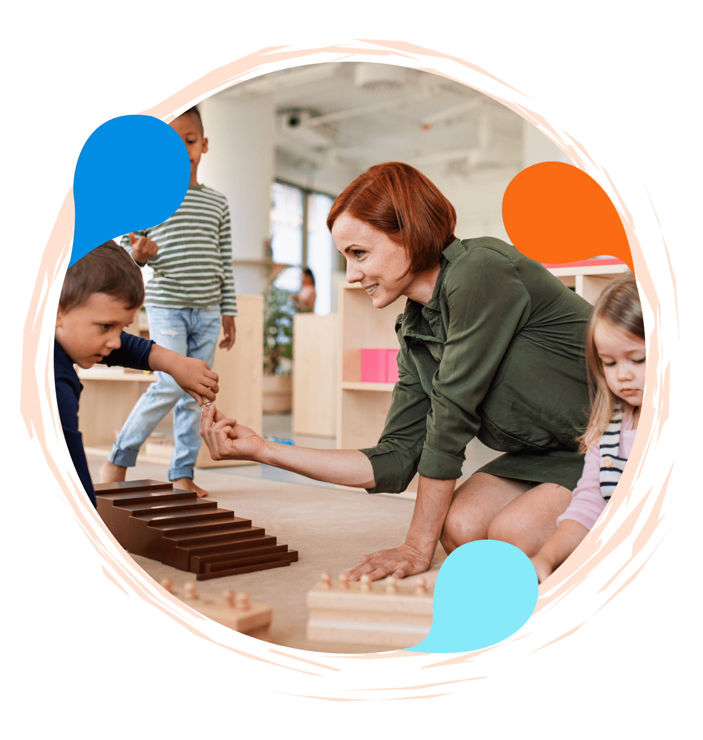 A woman and children playing with wooden blocks.